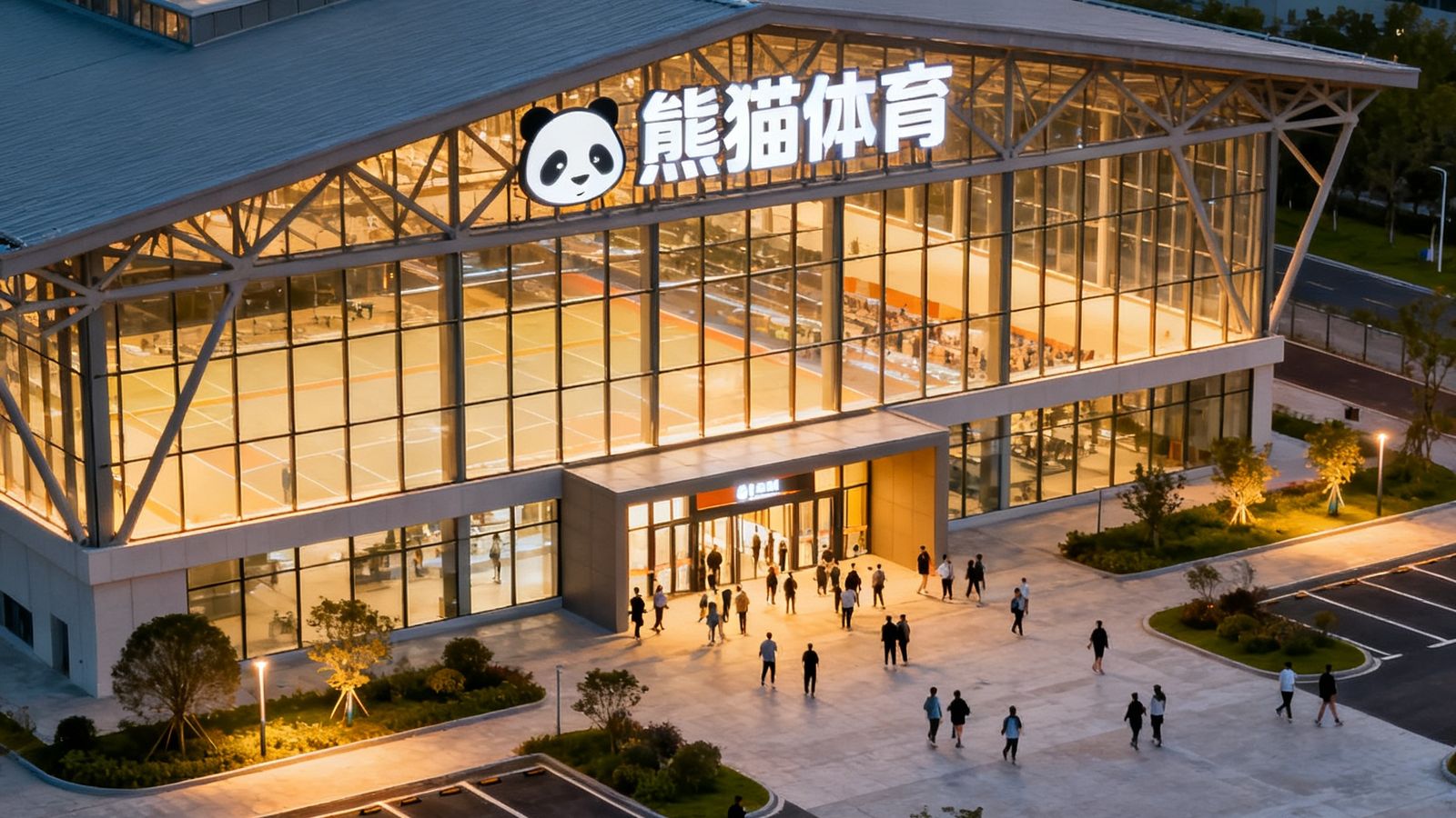 熊猫体育成都旗舰馆的航拍全景，现代钢结构建筑搭配大面积玻璃幕墙，建筑顶部有醒目的熊猫体育品牌标识，场馆入口处人流穿梭，门前设有宽敞的停车场和绿植景观带，傍晚暖光照明营造温馨氛围。