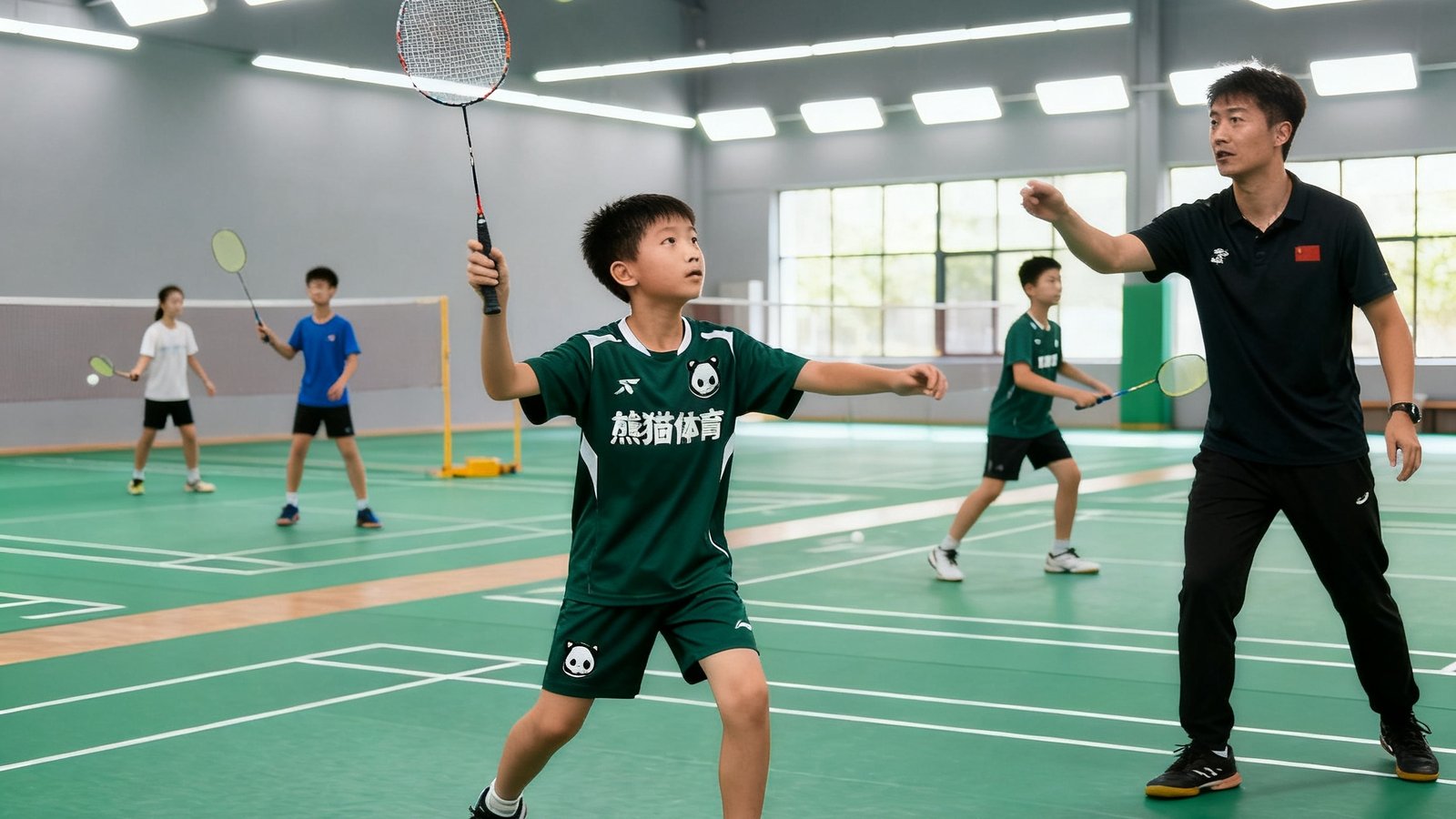 熊猫体育青少年培训课实景，十二岁的男学员在教练一对一指导下练习高远球击球动作，身穿深绿色熊猫体育定制训练服，标准羽毛球场地胶为墨绿色，背景可见四组学员同时在各自场地训练，场馆顶棚LED灯光明亮均匀。