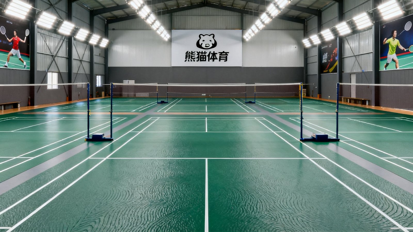 熊猫体育武侯馆内部全景，八片标准羽毛球场地整齐排列，进口深绿色PVC专业地胶表面有细微的防滑纹理，高挑天花板上安装着两排LED照明灯组，场地间距宽敞，远处墙面上悬挂着熊猫体育品牌标识和羽毛球运动海报。