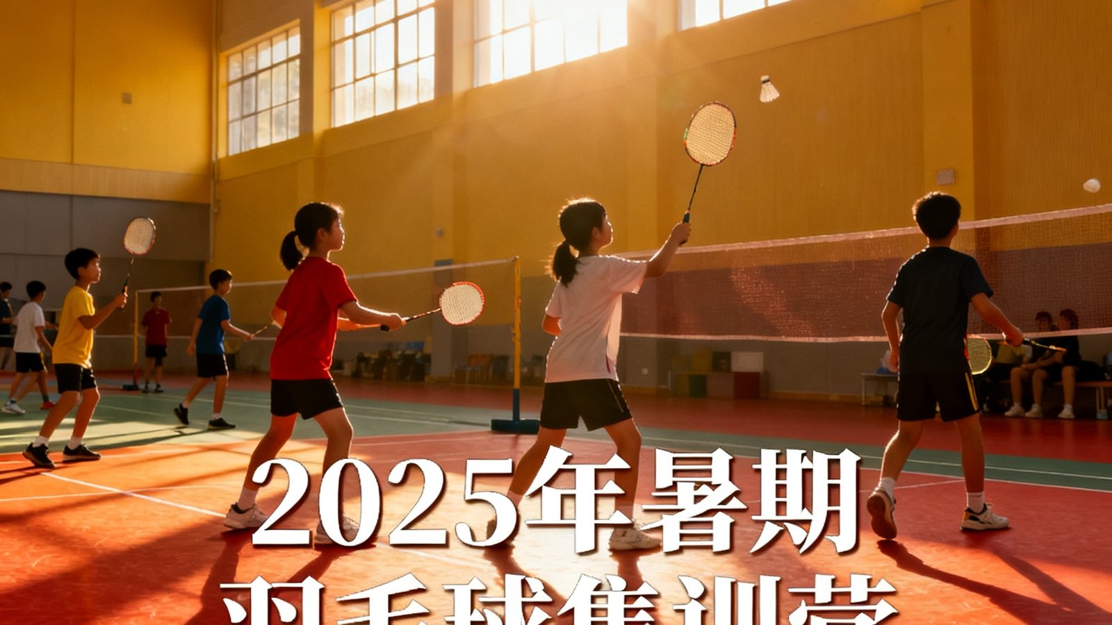 2025年暑期集训营宣传海报，画面中一群青少年学员在羽毛球场上挥拍训练，阳光透过场馆高窗洒在地胶上，气氛热烈充满活力。