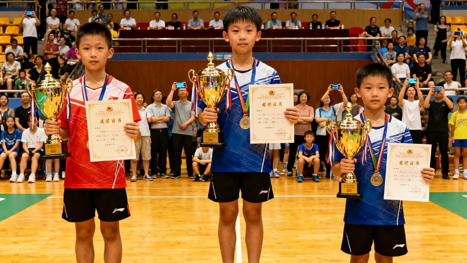 四川省青少年羽毛球锦标赛颁奖仪式，熊猫体育学员站在领奖台上手捧奖杯和证书，背景是赛事官方横幅，场馆内观众席坐满了家长和队员。