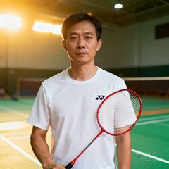 一位三十岁出头的男性学员肖像，他穿着运动T恤站在羽毛球场边，手拿球拍，背景是明亮的场馆灯光和绿色地胶场地。